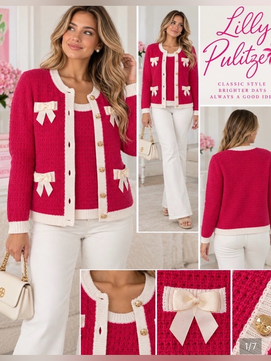 Lilly Pulitzer Sweaters - Lilly Pulitzer, NWOT Women’s pink Valeria  Knit Cardigan w/ White trim set sz M